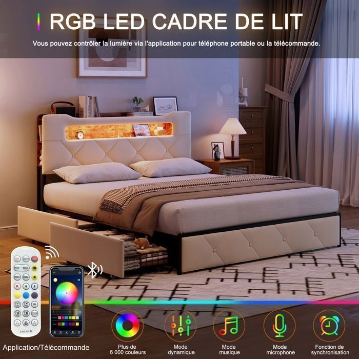 Lit 140x190 cm avec sommier à lattes, LED, cadre de lit double 140x190 avec rangement, tissu en velours beige, 2 places