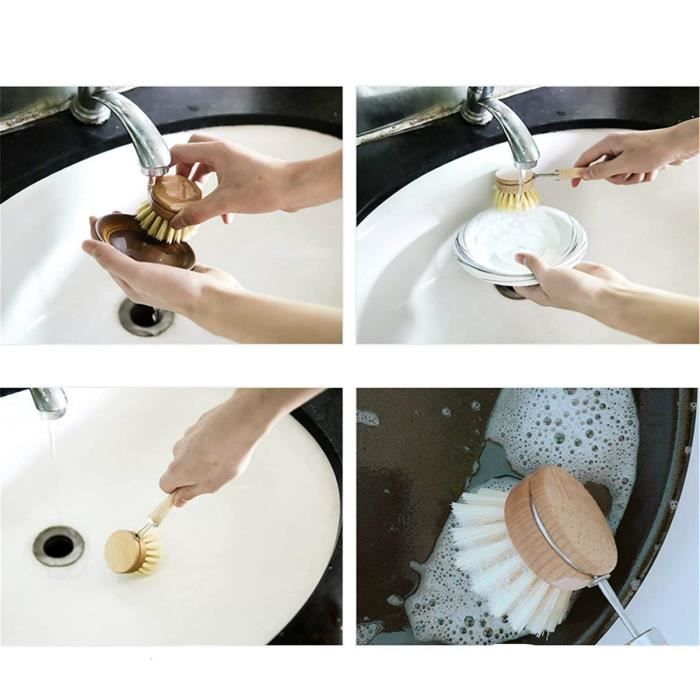 Brosse a Vaisselle De Cuisine, Brosse À Vaisselle Longue Manche,Brosses De Nettoyage En Bois Avec 3 Têtes De Rechange - 1Set