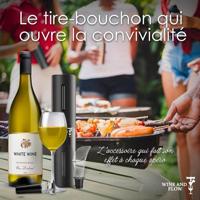 Tire bouchon electrique à piles 4 en 1 Wine and Flow – Idee cadeau homme amateur de vin – Coffret cadeau Ouvre Bouteille Electrique