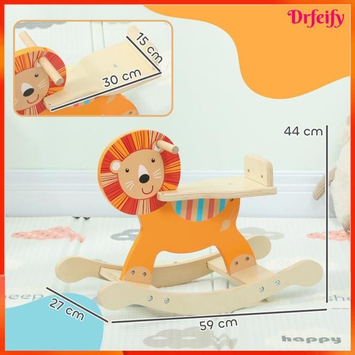 12787 Cheval à bascule pour enfants, lion jouet à bascule bébé en bois avec guidon et base stable, 59 x 27 x 43 cm, orange
