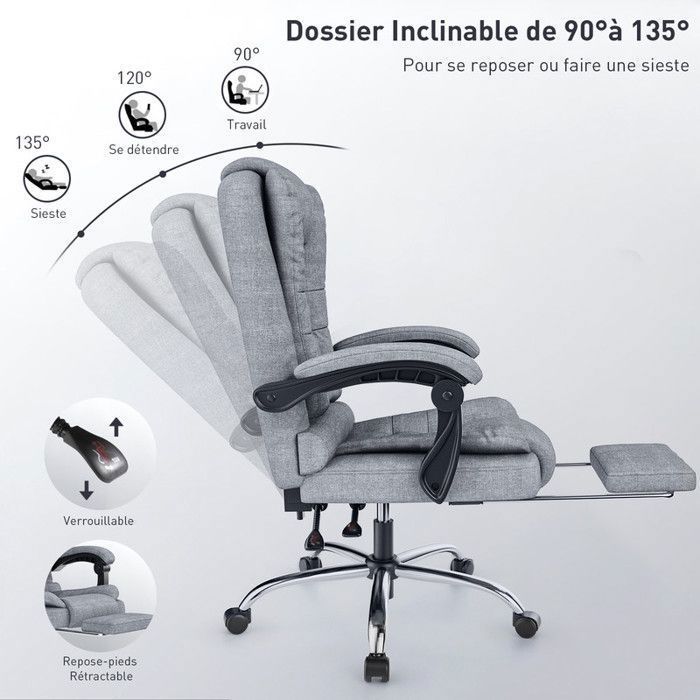 Silla de oficina, silla de lino con reposapiés, ergonómica, regulable en altura, gris.