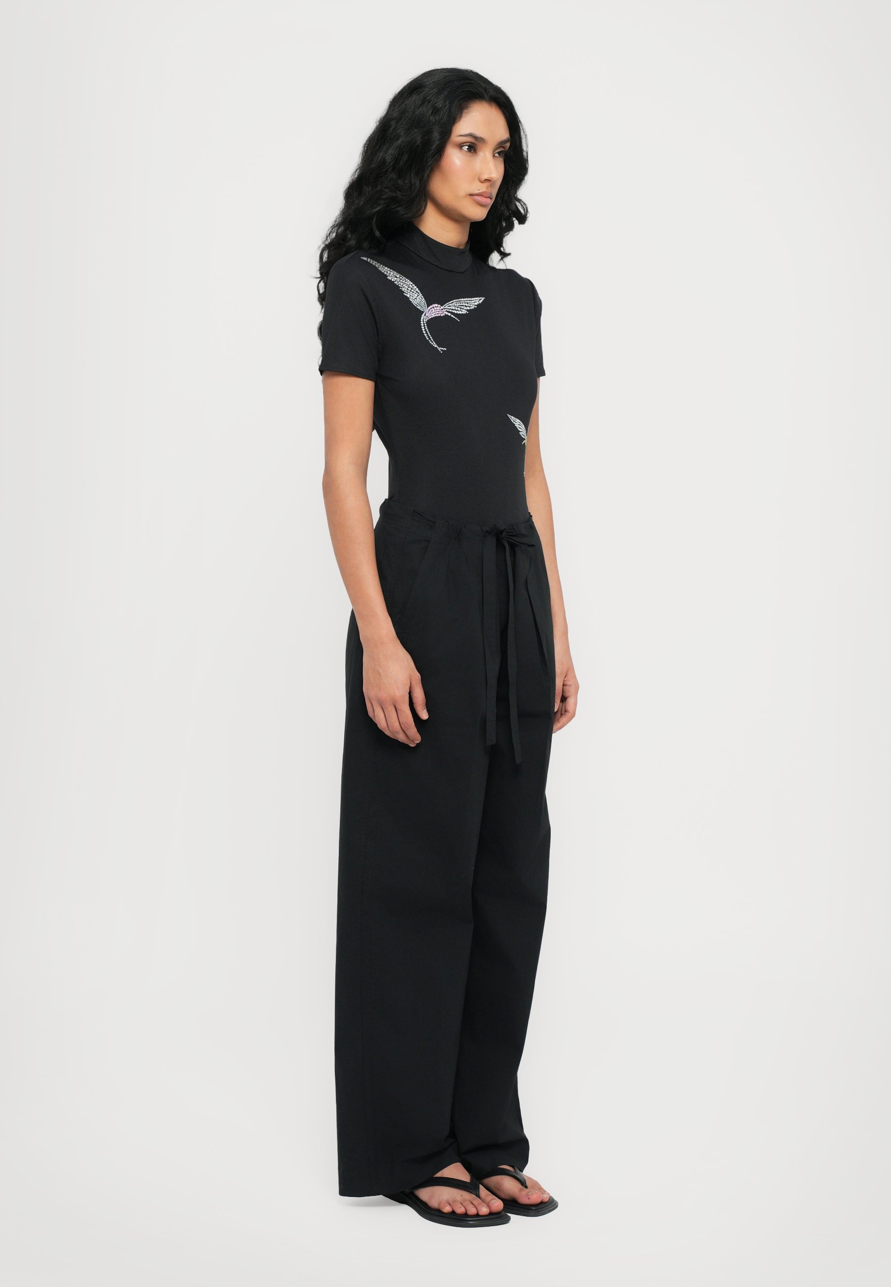 David Koma korte bodysuit met kolibrie- en strass-steentjesprint - T-shirt met print - zwart/zilverkleurig