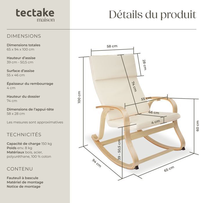 Mecedora - TECTAKE - ROCA mecedora de madera 65 x 94 x 100 cm - Beige
