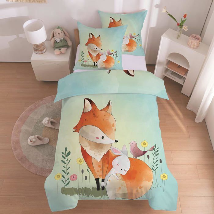 Juego de funda nórdica infantil de zorro de 140x200 cm, individual, reversible, de microfibra con cremallera.