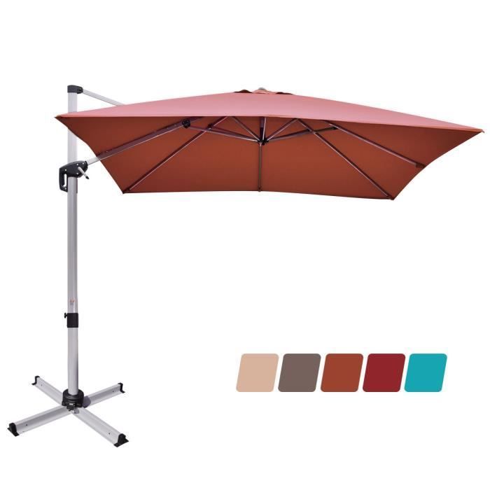 COSTWAY Parasol Déporté Carré 3M avec Base en Croix Poteau en Aluminium Rotatif à 360° Manivelle Inclinable 8 Baleines Orange