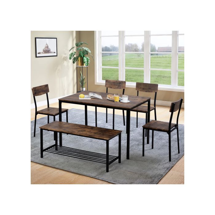 SogesHome Dining Table with Chairs, Wood & Steel, Set of 1 Table + 6 Chairs, 110x70x75 cm