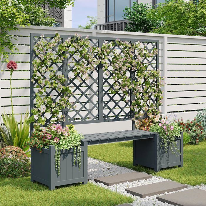 Jardinière avec treillis - Bac à fleurs avec beaucoup d'espace - Jardinière en bois massif marron-Avec treillis et siège-Pour jardin
