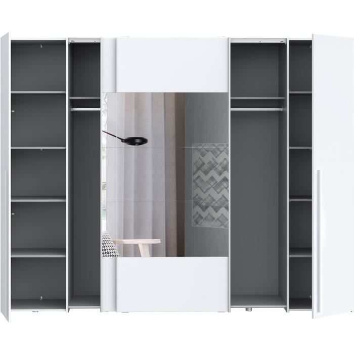 NARAGO Kledingkast - Matwitte afwerking - 2 schuifdeuren + spiegel + 2 draaideuren + 2 kledingstangen - B270 x D61 x H210 cm