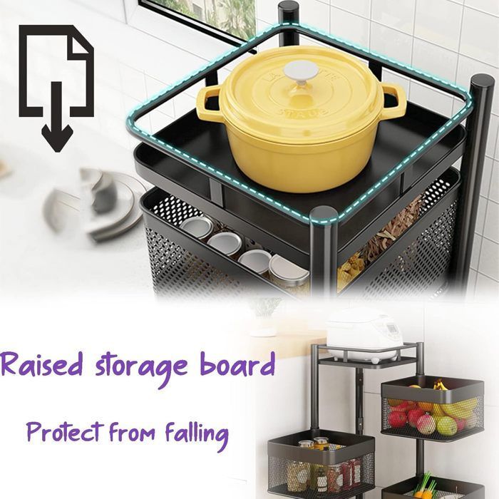 Carrito de cocina rodante de 3 niveles, carrito de metal con cesta giratoria, color negro, 28x28x54cm