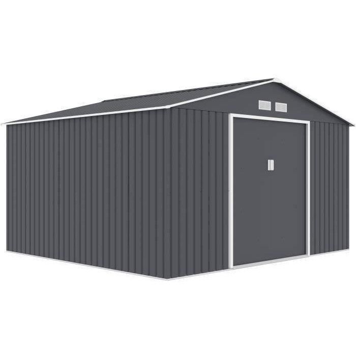 Abri de jardin en métal 10,85 m² - 340 x 319 x 210 cm - JUPITER - Kit d'ancrage inclus, 2 portes coulissantes - Gris