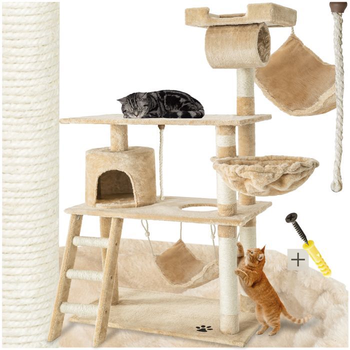Arbre à chat - TECTAKE - Mobilier pour chat MARCEL 141 cm de hauteur avec cordelette, griffoir et zones de couchage - Beige