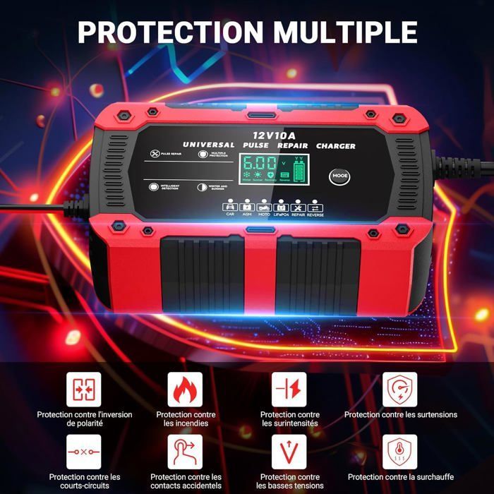 Cargador de batería para coche LiFePO4 de 12 V y 10 A, cargador inteligente para coches y motocicletas con pantalla LCD y reparación automatizada.