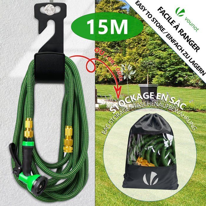 VOUNOT® Tuyau d'arrosage extensible renforcé 15m vert - 10 modes - raccord et sac de rangement inclus - flexible, anti-fuite