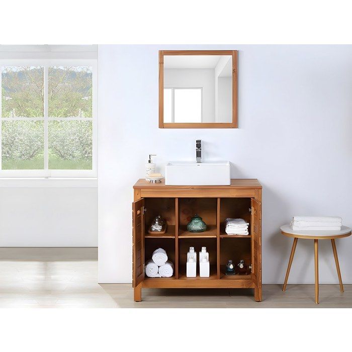 Mueble de baño de madera de acacia con lavabo individual y espejo - 90 cm - PULUKAN