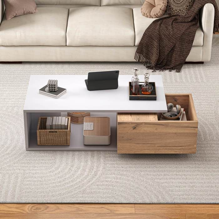 Table basse en bois 90 x 50 x 30 cm avec tiroir pivotant Table de salon avec espace de rangement ouvert Couleur blanche et bois
