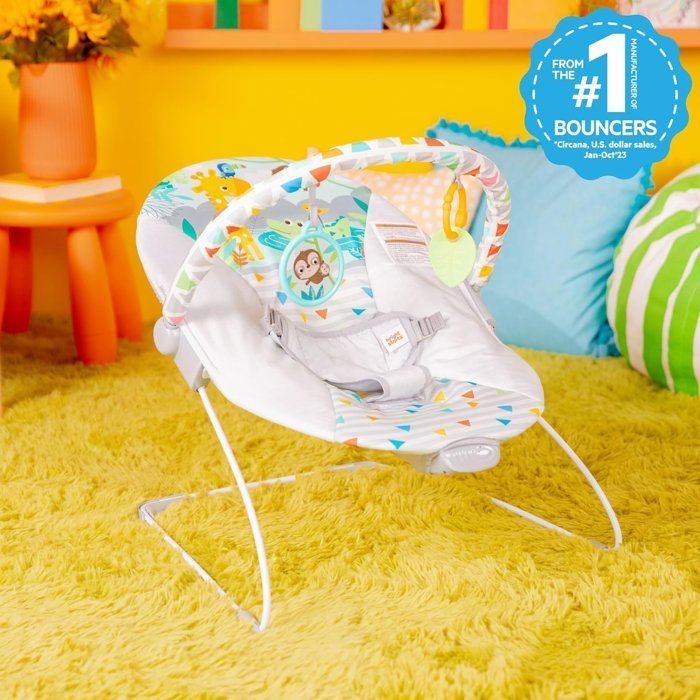 Sdraietta BRIGHT STARS Baby - Safari - Arco con giocattoli rimovibili per lo sviluppo, tra cui uno specchietto per bambini e un'imbracatura a 3 punti.