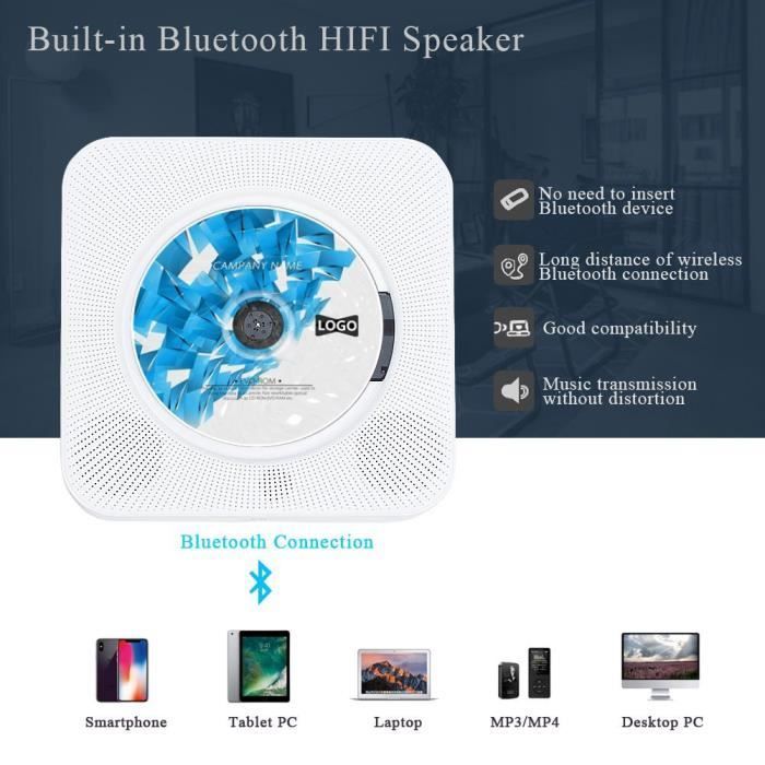 Reproductor de CD portátil UVERBON con altavoces HiFi integrados y soporte de pared - Blanco