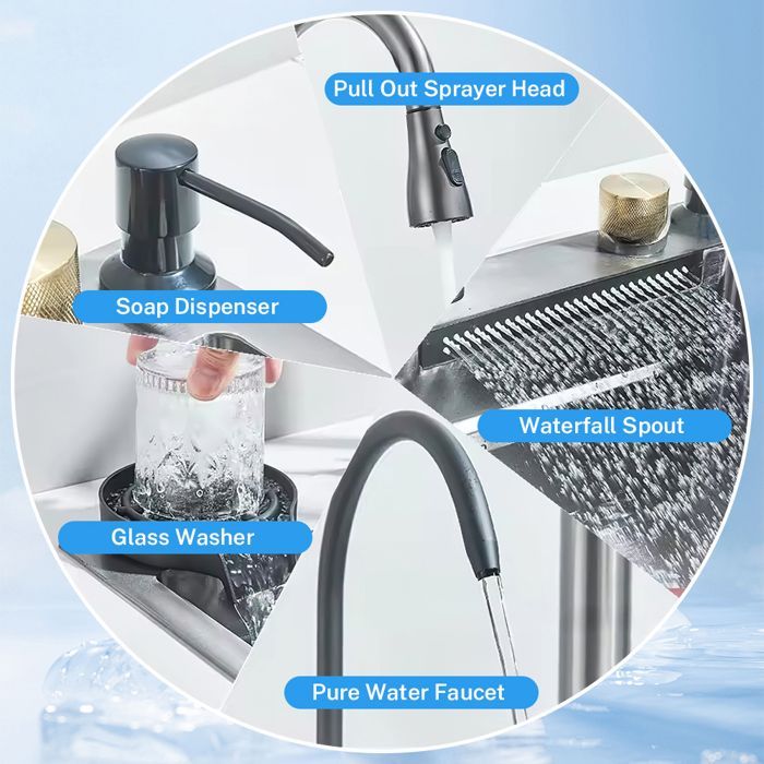 Fregadero de cocina multifuncional tipo cascada con grifo, dispensador de jabón, purificador de agua y lavavasos - 60 x 45 cm