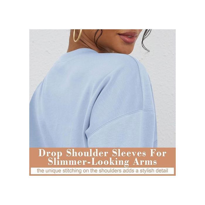 Women's Oversized Long Sleeve Sporty Short Sweatshirt, Blue, Size L, Casual Pullover, Round Neck and Dropped Shoulders, Soft and Breathable
