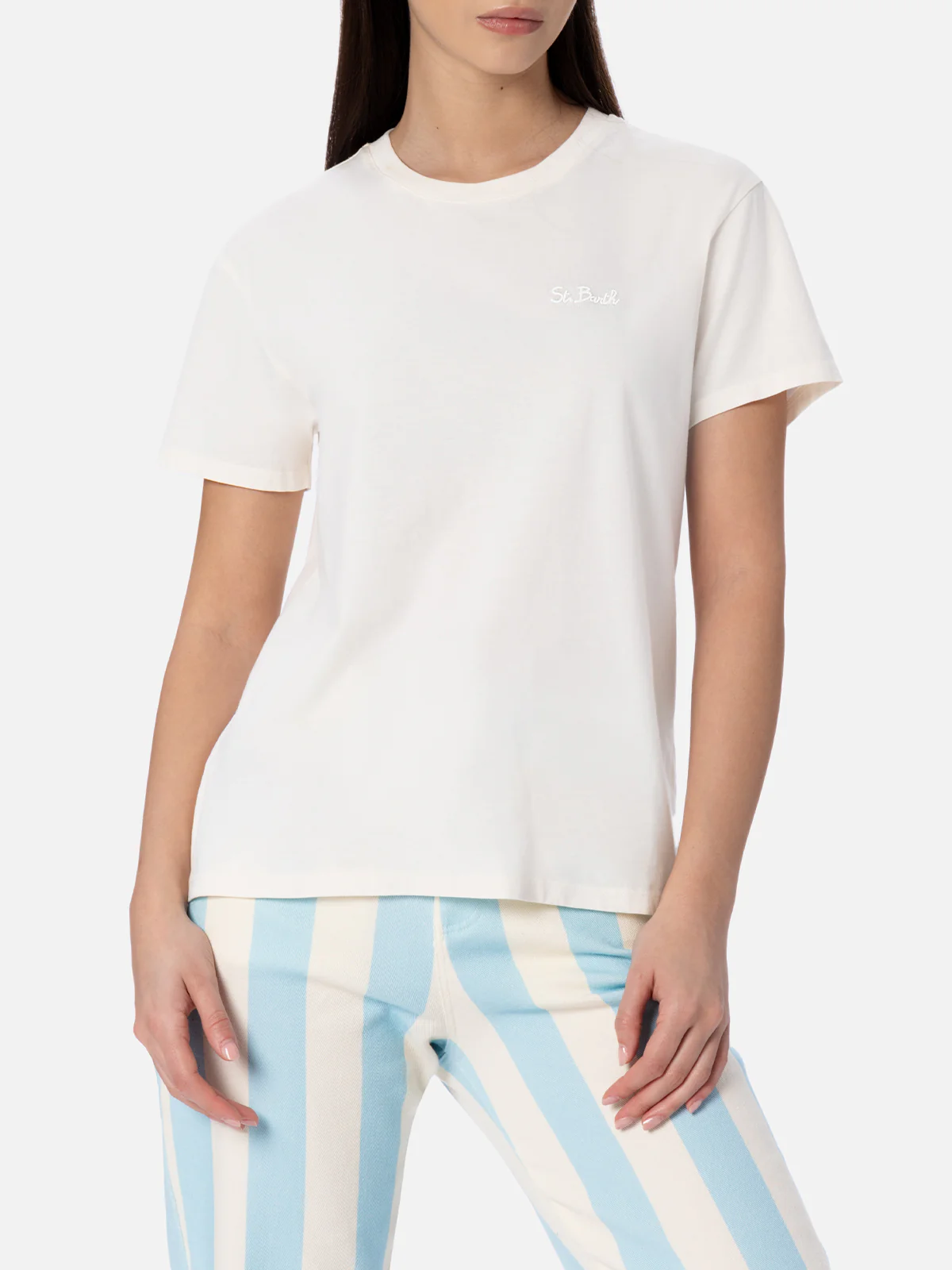 Emilie Damen-T-Shirt aus cremefarbenem Baumwolljersey mit Rundhalsausschnitt