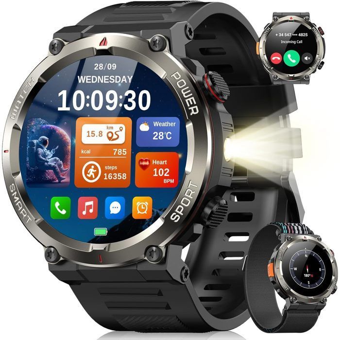 Blackview Montre Connectée Homme avec 1,45'' Écran/LED Lampe/960mAh Batterie,100+ Modes Sportifs,Moniteur de Santé pour Android iOS