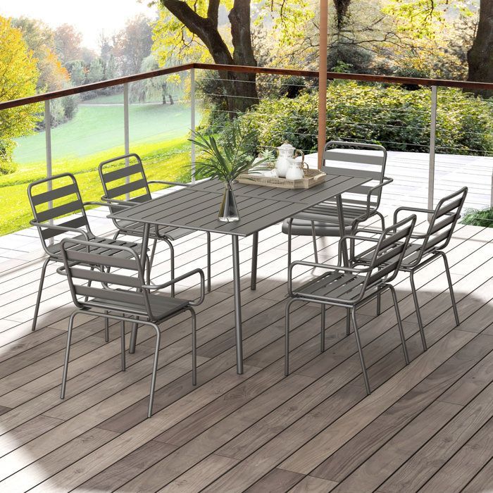 Salon de jardin Outsunny ensemble salle à manger de jardin 7 pièces avec 1 table et 6 chaises empilables en acier gris