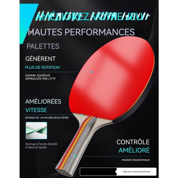 Set De Tennis De Table, 4 Raquette Ping Pong + 8 balle + filet enroulable, Raquette de Ping Pong Set