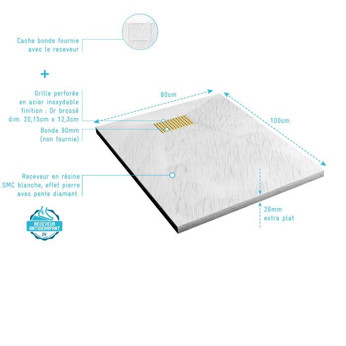 Plato de ducha con efecto piedra blanca de 80x100 cm y rejilla decorativa perforada en oro cepillado.