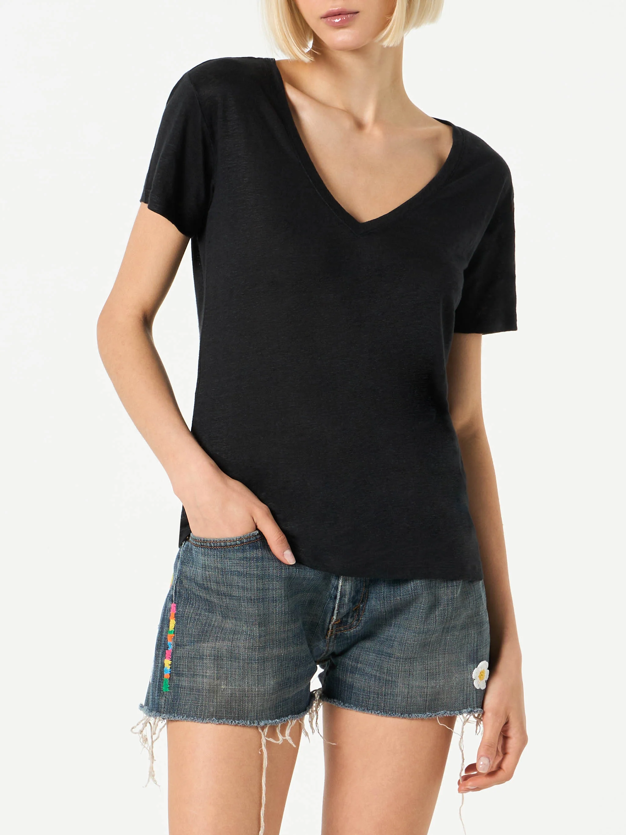 Dames zwart linnen T-shirt
