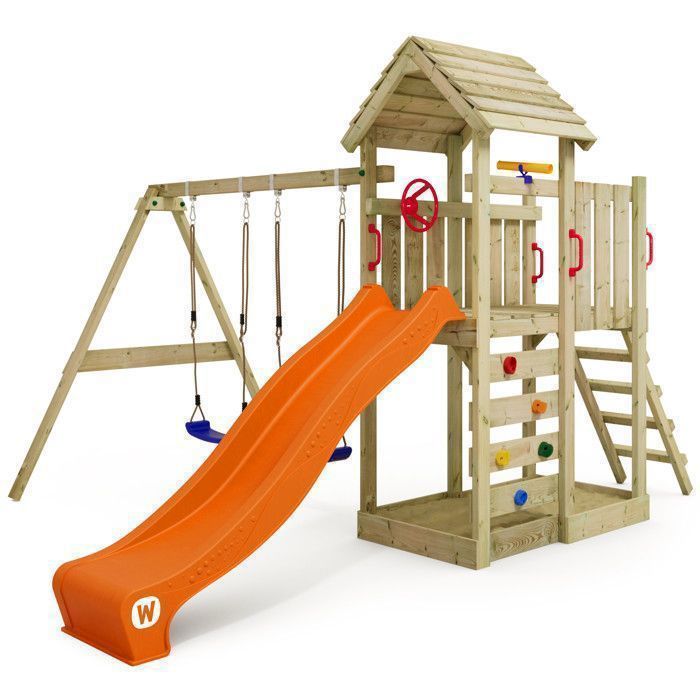 Estructura de juegos de madera WICKEY MultiFlyer con techo de madera, columpio doble y tobogán naranja de 220 cm – 10 años de garantía*