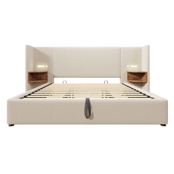 Upholstered storage bed 180x200 cm with long backrest, bedside table, reading lamp, USB Type-C, hydraulic storage, linen, beige