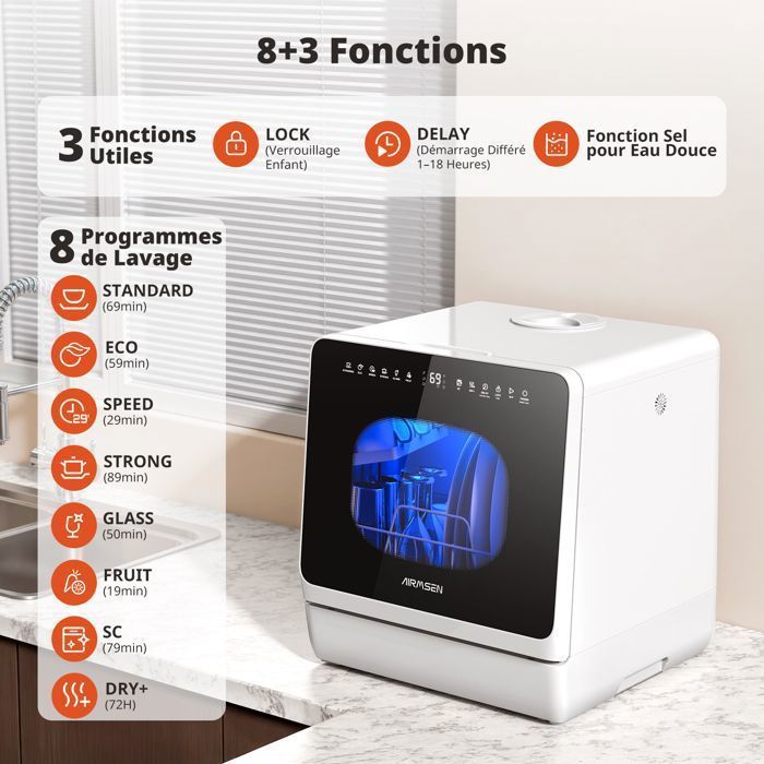 Lavastoviglie mini da tavolo AIRMSEN con 8 programmi, serbatoio del sale, 4 coperti, blocco di sicurezza per bambini, senza collegamento idraulico.