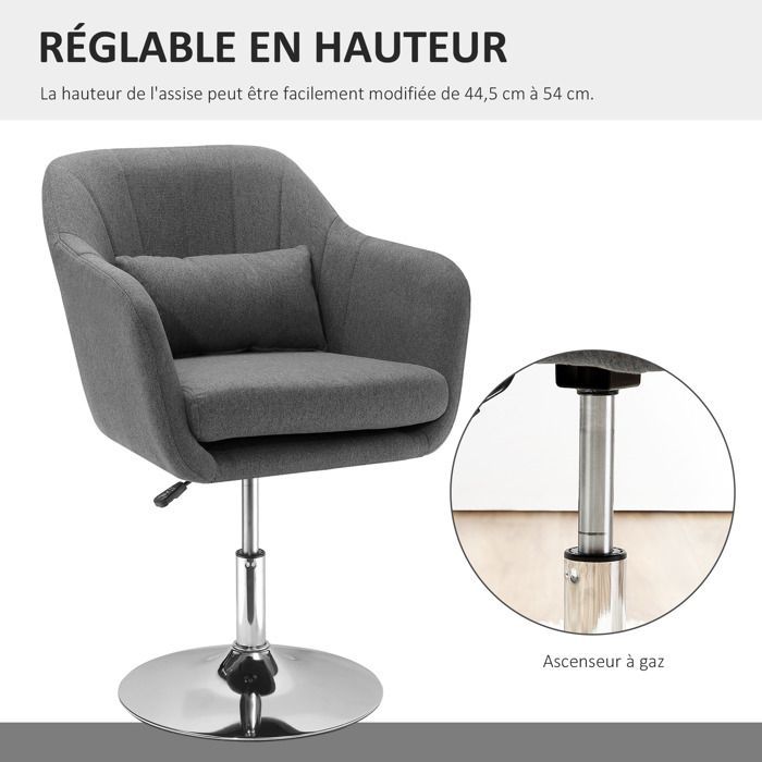 Sillón HOMCOM - Diseño de confort superior - Cojines lumbares - Altura regulable - Giro de 360° - Base de metal cromado - Gris lino