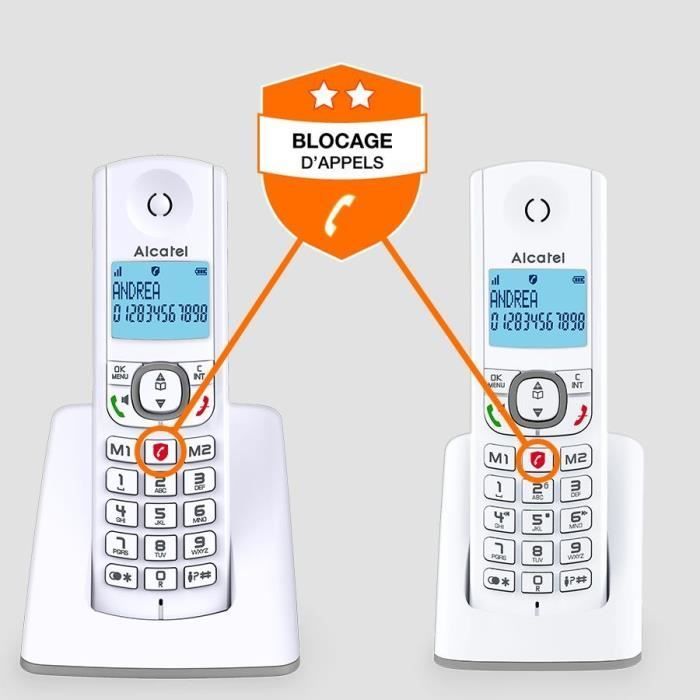 Telefone sem fio - ALCATEL - F530 Duo - 2 aparelhos, bloqueio de chamadas, viva-voz, 2 números de discagem rápida, branco/cinza