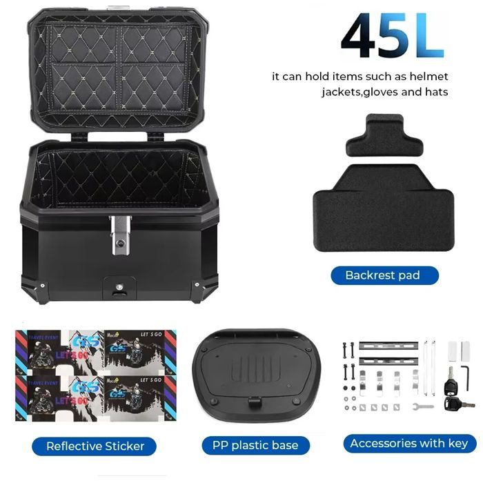 Maleta superior universal para motocicleta de 45 litros, color negro, impermeable, con doble llave y apta para guardar el casco.