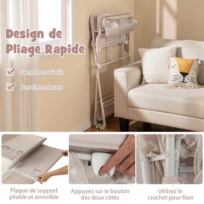 Cambiador para bebés COSTWAY - Plegable - 3 niveles de altura ajustables - Papelera - Cesta de almacenamiento - Estante - Ruedas con freno - Beige