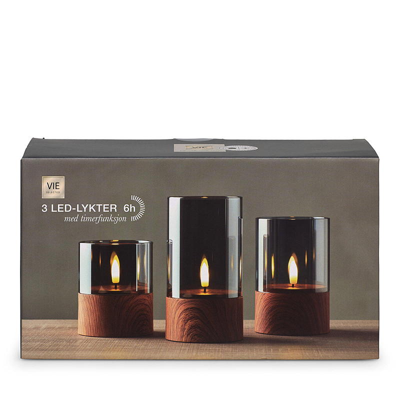 Vie Selected LED-lampor 3 st. med slätt glas och träbas