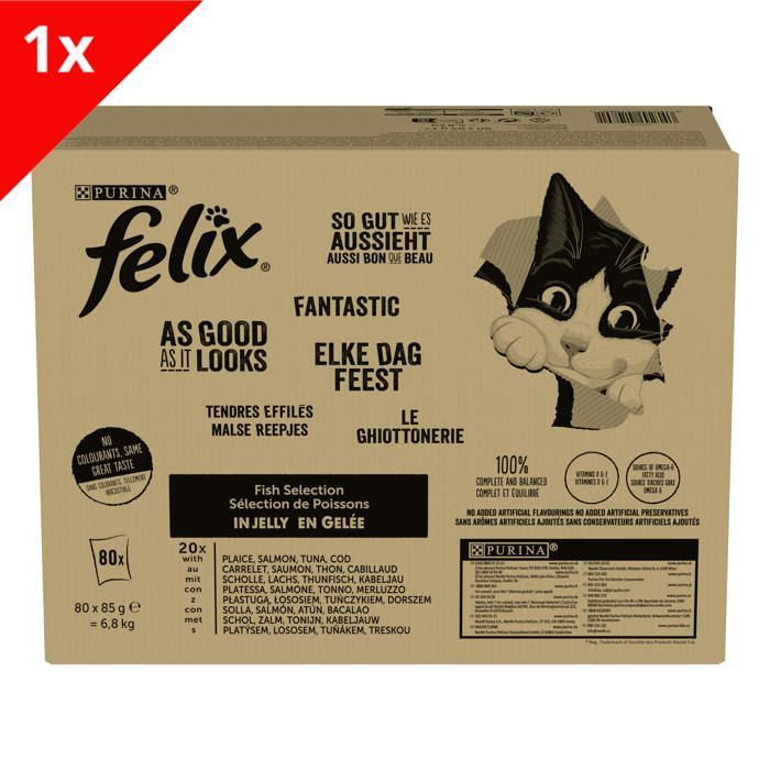 FELIX Tendres Effilés en Gelée -  Sélection Mixte Thon, Cabillaud, Saumon, Carrelet - 80x85g - Sachets fraîcheur pour chat adulte