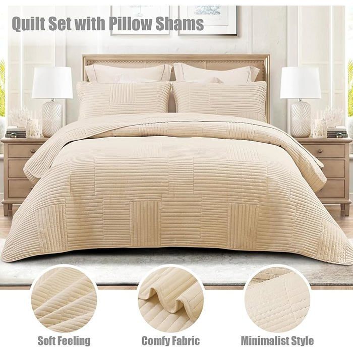 Colcha de 220x240 cm con 2 fundas de almohada, suave y ligera con estampado de rayas. #Beige BEI CAMA