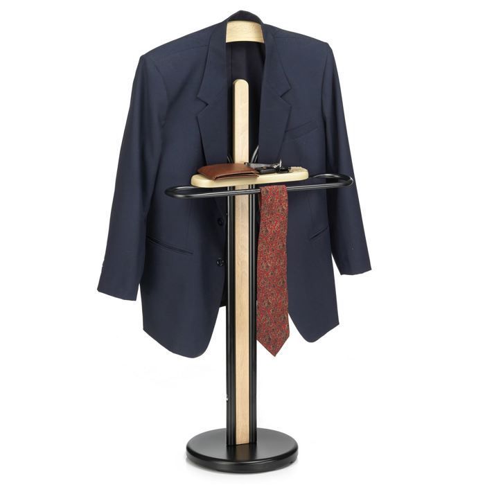 Valet de chambre MATTEO chevalet de nuit portant pour vêtements, structure en métal et en bois laqué couleur noir et chêne sonoma