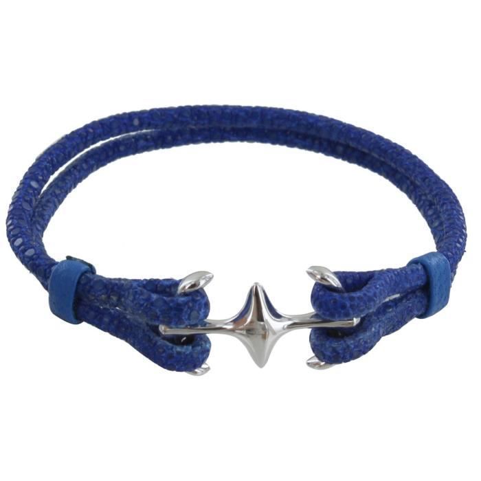 Les Poulettes Bijoux - Bracelet Mixte Argent Rhodié Double Ancre et Galuchat - 18cm Colors - Azur