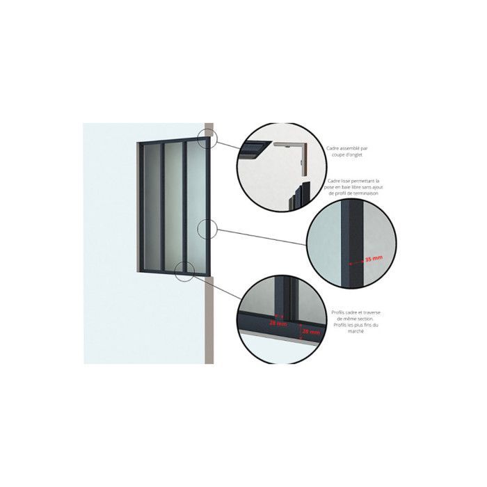 Binnenwand van aluminium en glas - 3 panelen met decoratieve dwarsbalken - Zwart - 105 x 123 cm