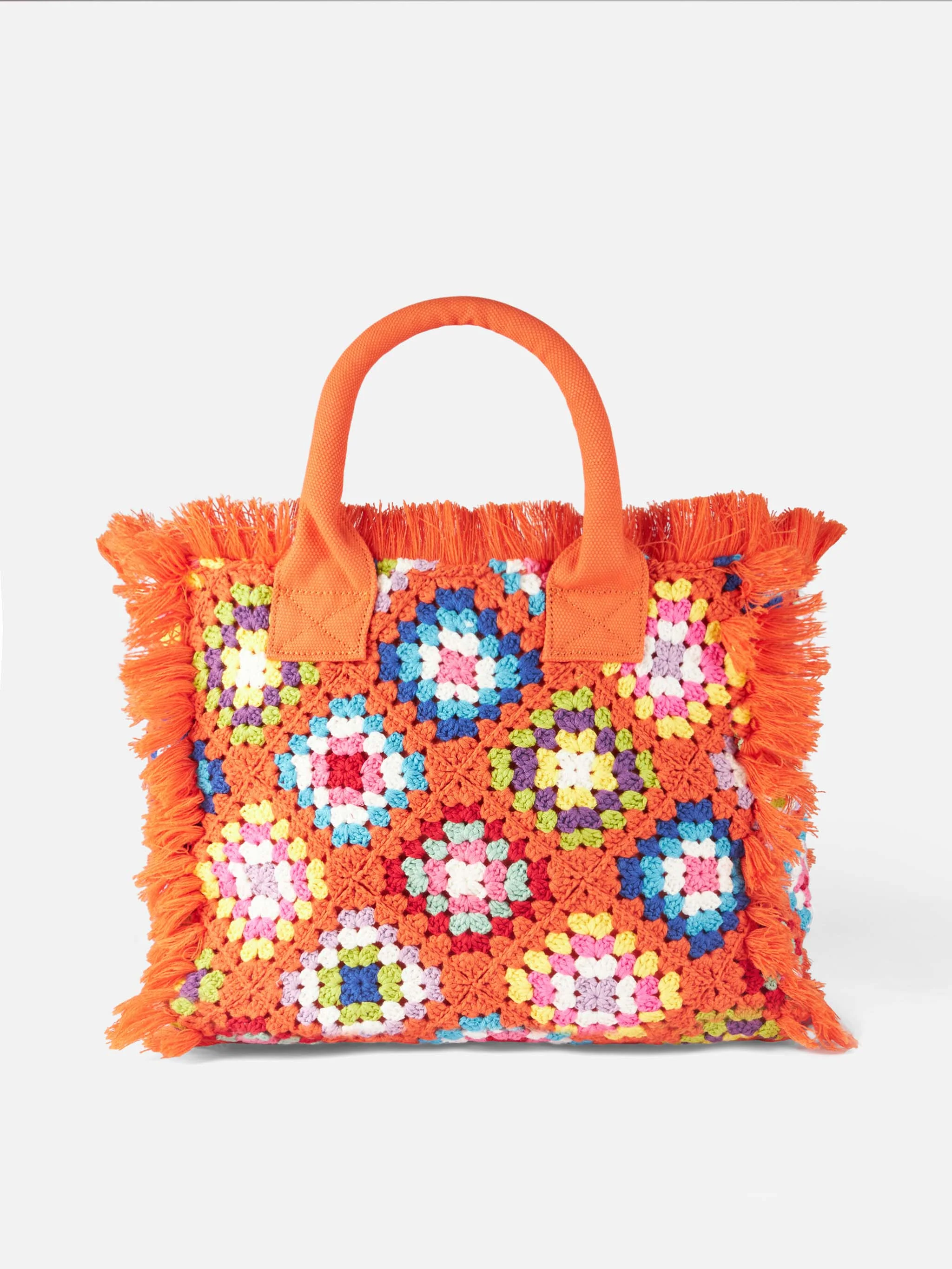 Mehrfarbige gehäkelte Schultertasche mit Fransen, orangefarbenes Muster, Saint Barth-Stickerei, Reißverschlusstasche | MC2 Saint Barth