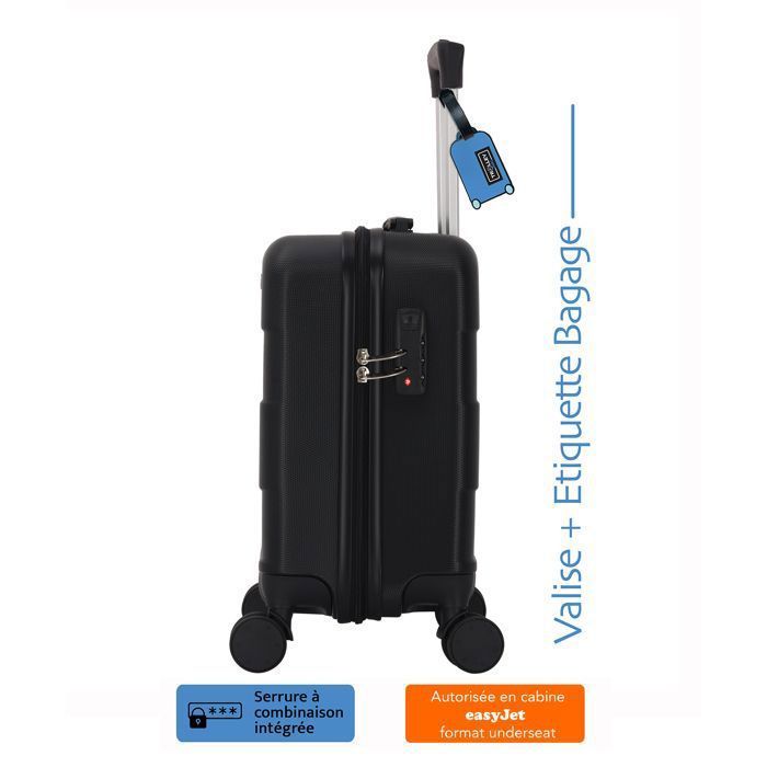 Maleta de cabina EasyJet de 45x36x20 cm – ABS rígido y ligero – 4 ruedas dobles giratorias – Negra – Carrito ADC – Etiqueta de equipaje incluida