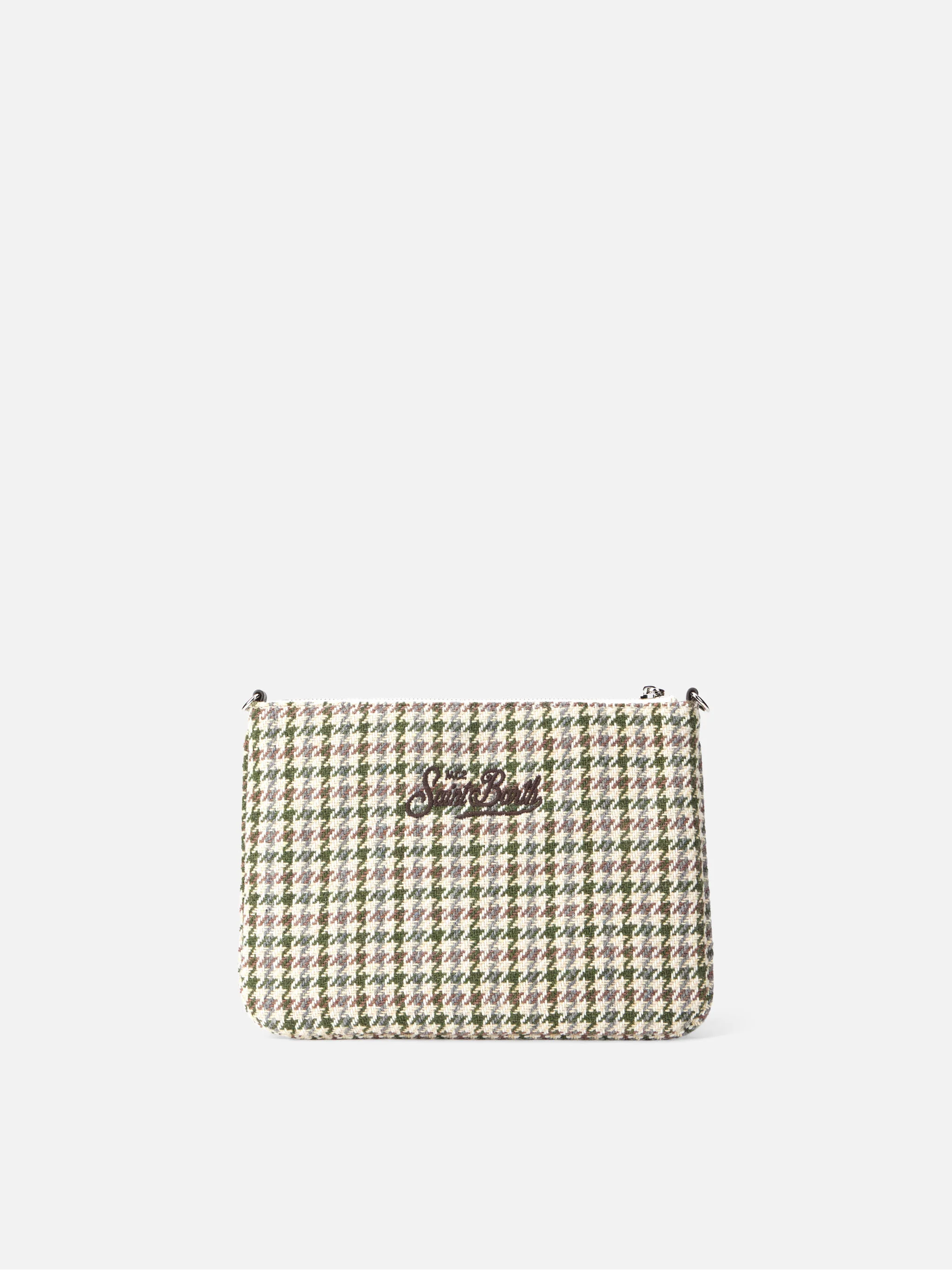 Pochette multifonction à carreaux parisiens avec bandoulières amovibles en cuir écologique, chaîne et logo brodé | MC2 Saint Barth