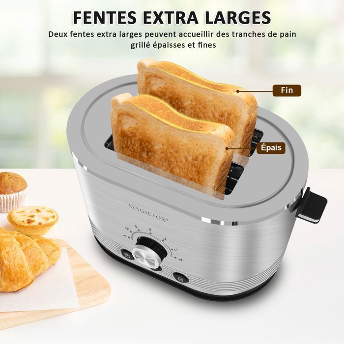 Tostadora MAGICFOX de 2 rebanadas, 850 W, descongelación, recalentamiento, expulsión automática, carcasa de acero inoxidable y luz LED en la base.