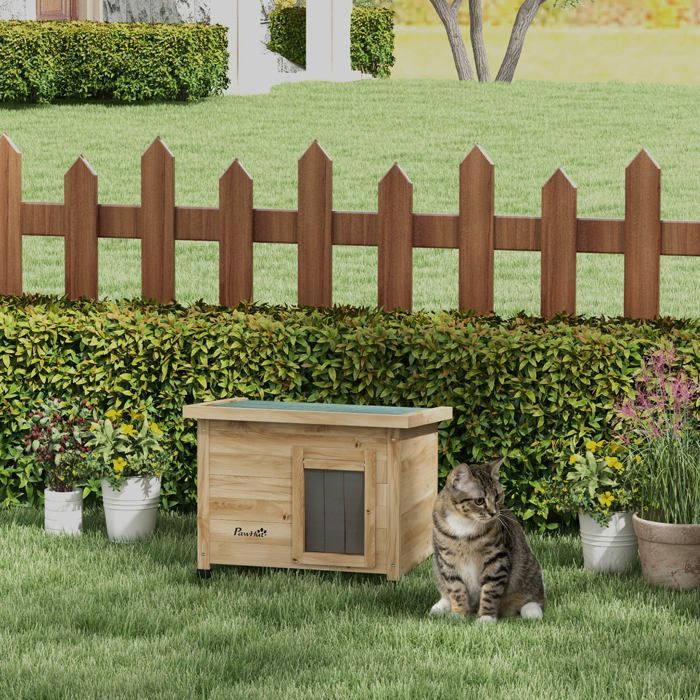 Maison pour chats - PawHut - niche d'extérieur bois surélevée toit asphalte porte rideau - bois - 57x45x43cm - jaune