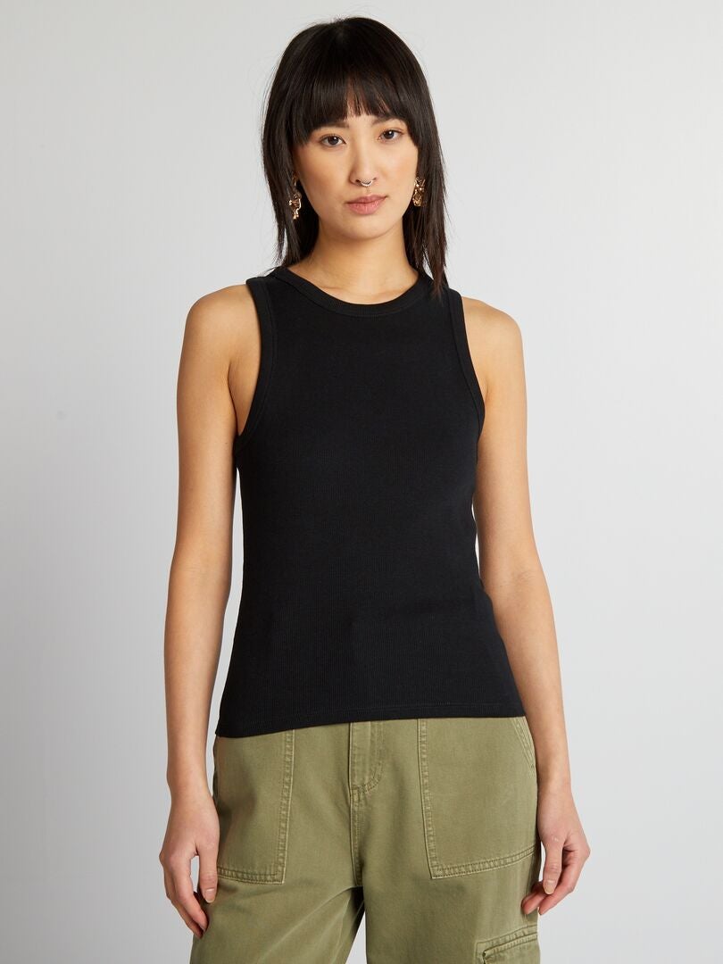 Top de tirantes acanalado con cuello halter - Negro