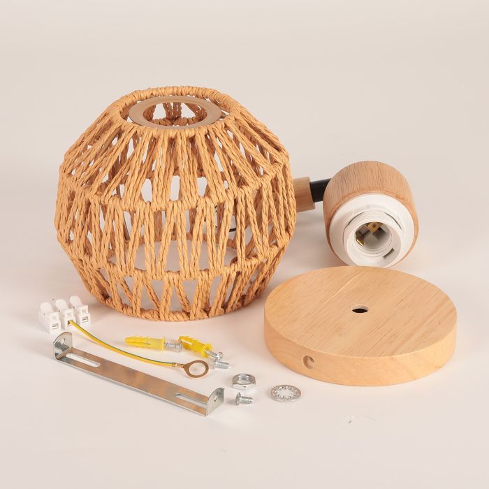 SNOGOLD Vintage Binnenwandlamp, Rotan en Houten Wandlamp, Verstelbare E27 Plafondlamp voor Woonkamer of Hal, Bruin