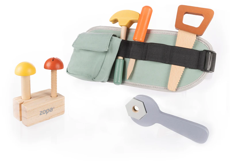 Zopa houten gereedschap met riem, houten speelgoed